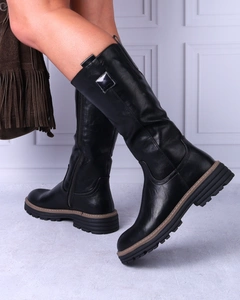 Czarne glany damskie ocieplane botki do połowy łydki Jezzi